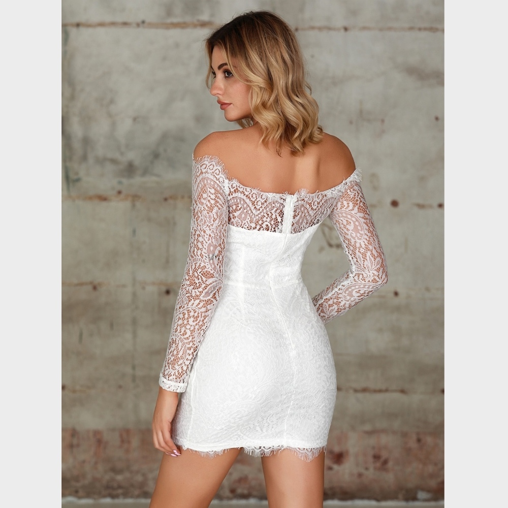 Off Shoulder White Lace Long Sleeve Mini Dress - Picture 3 of 8